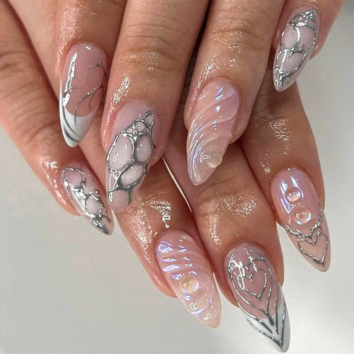 24Pcs Almond Press On Nails，Almond Shaped Press On Nails，Almond Nails Press On Long Almond Nails Thick Fake Nails with 3D Stereoscopic Water Ripples Designs Artificial Nails Stick on Nails For Women